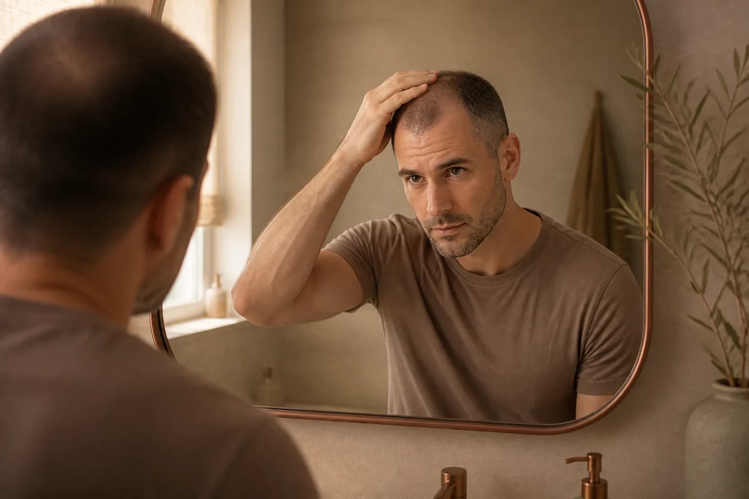 Man looking at thinning hair in the mirror before SMP