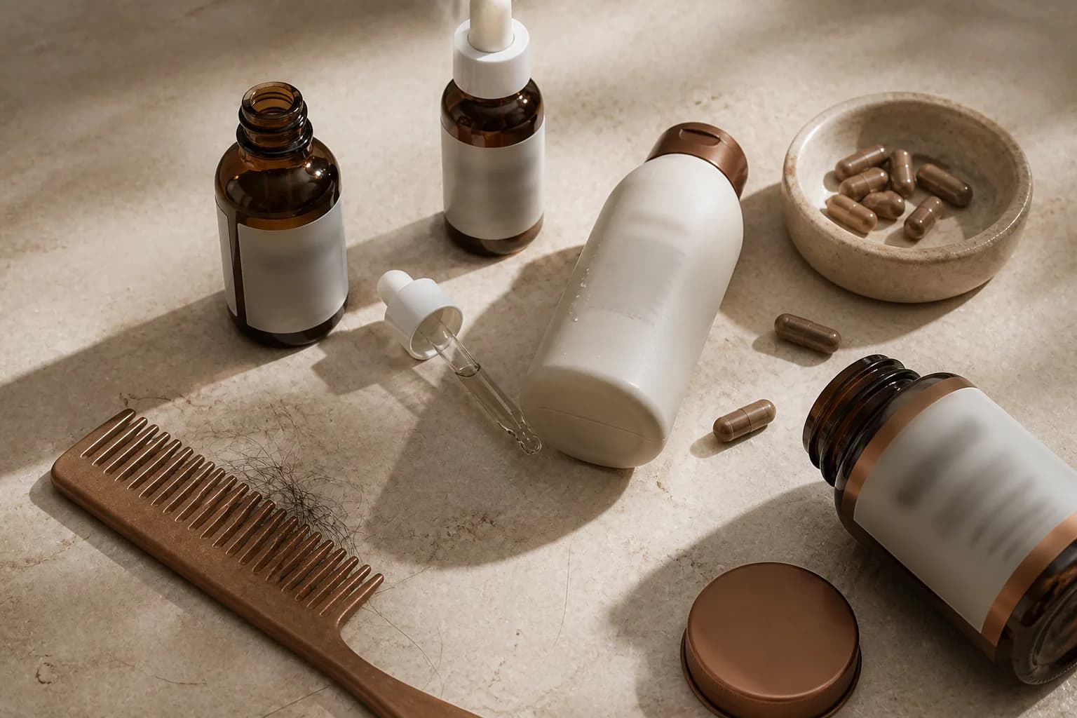Unused hair-loss products left on a bathroom counter