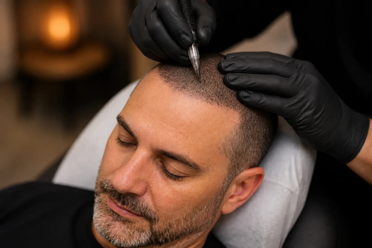Scalp micropigmentation treatment session in progress