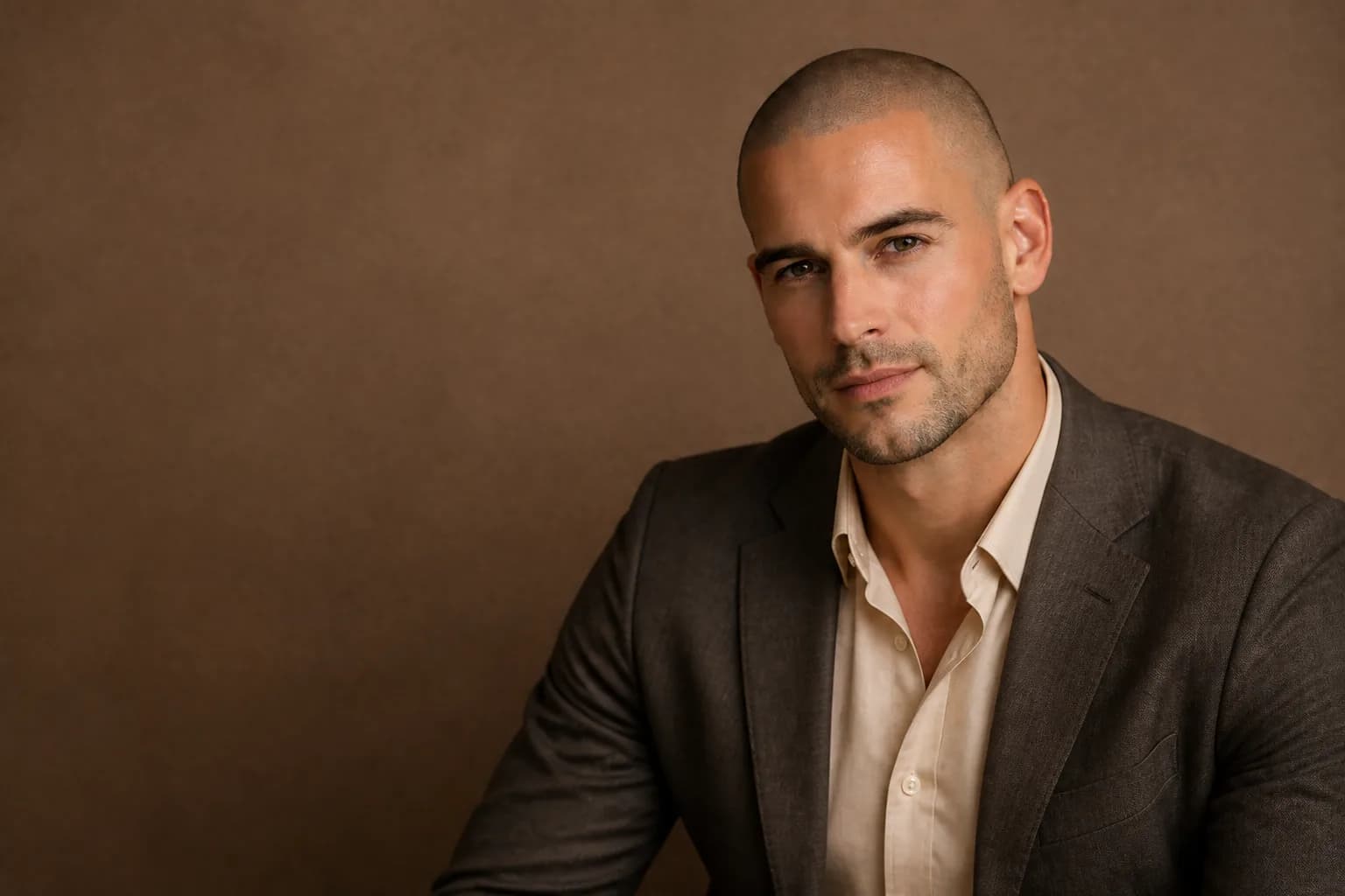 Confident man with a natural SMP shaved look