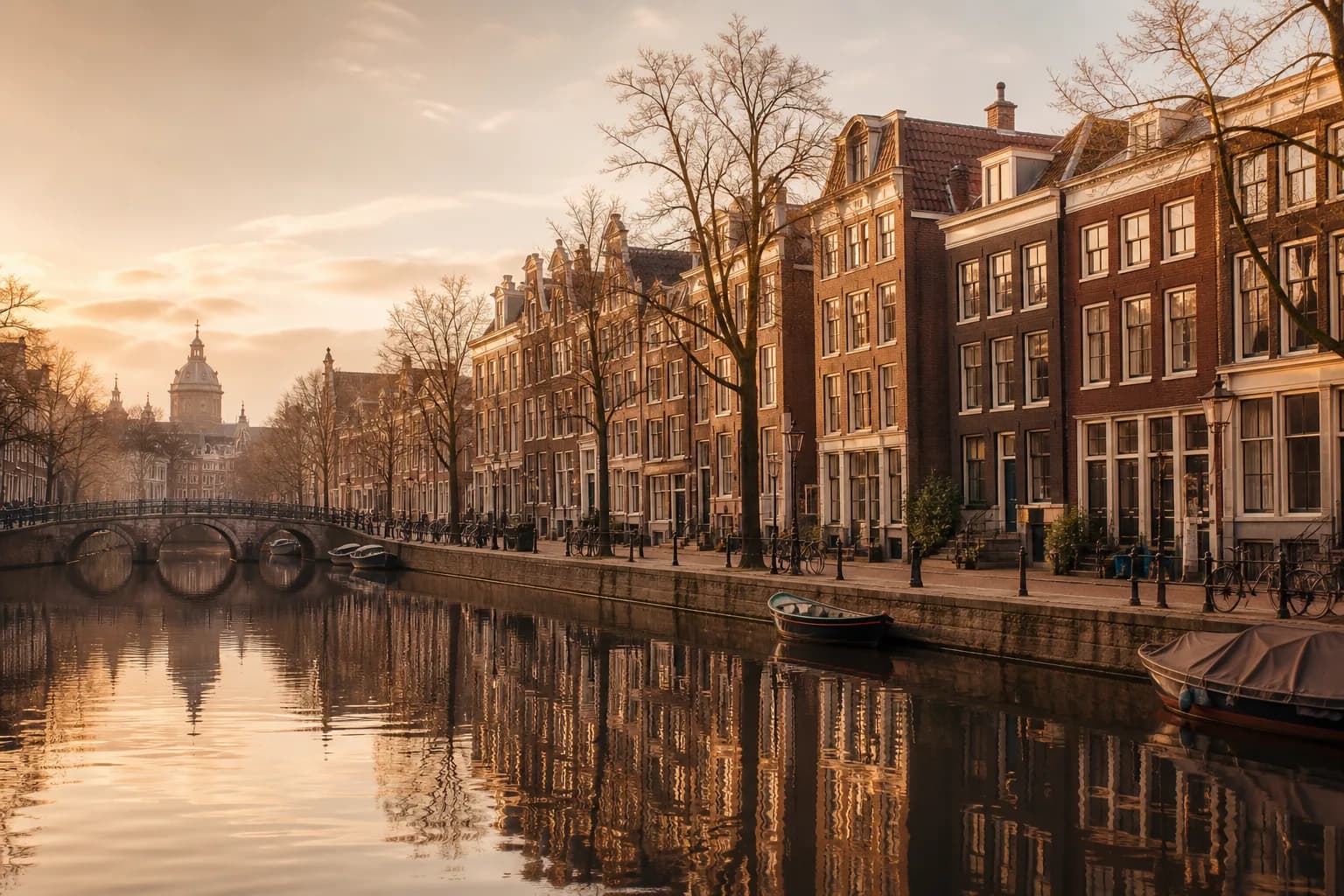 Amsterdam canal houses in warm cocoa evening light